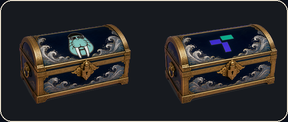 Grid of ornate sponsor treasure chests with partner marks, styled for Chainoa